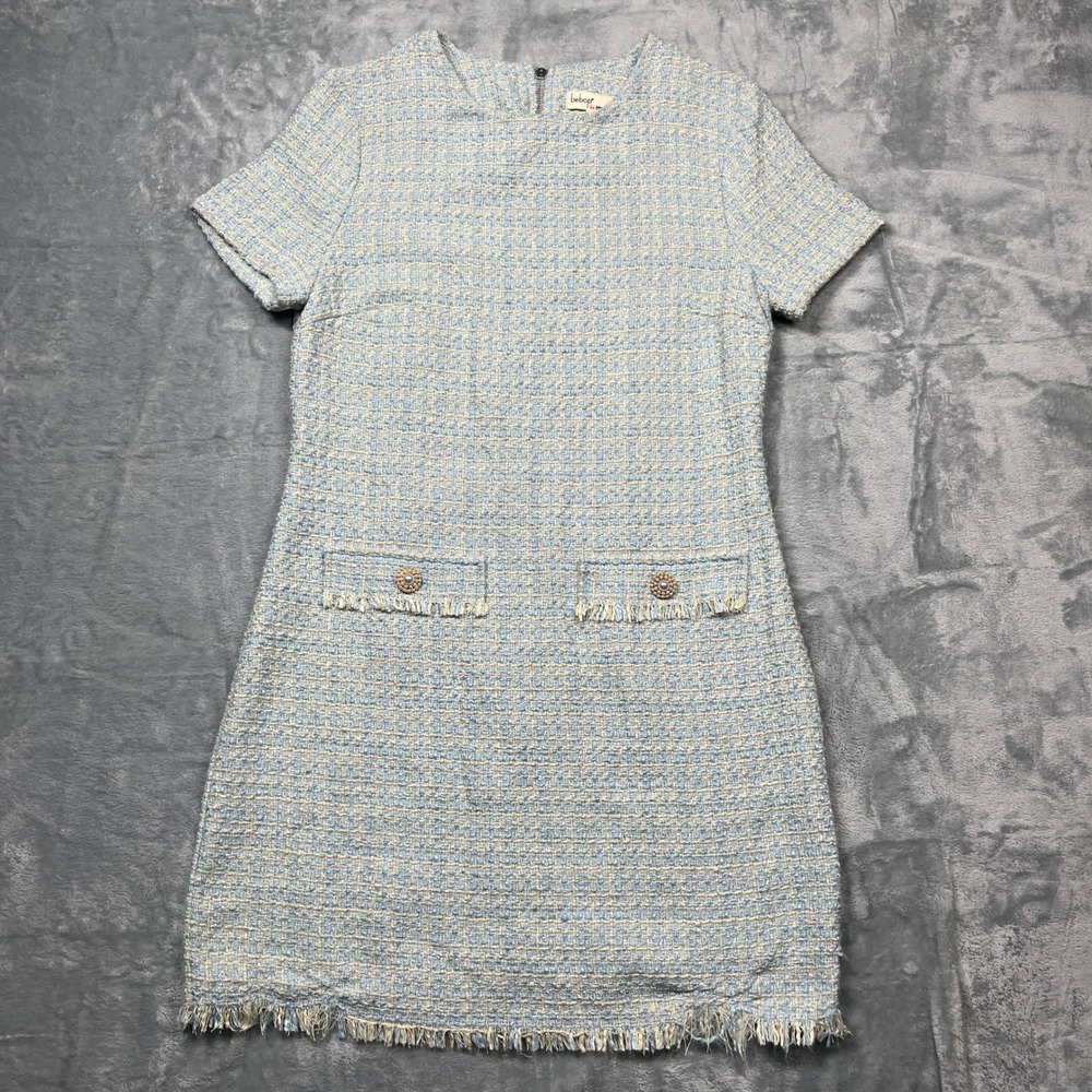 Bebop Tweed Shift Dress Womens Blue Frayed Hem Short Sleeve PDTV-1754-KZ M